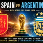Spain vs Argentina FIFA World Cup Final 2026 feature image with the Spain and Argentina team logos and the FIFA World Cup trophy.