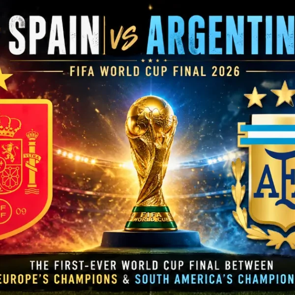 Spain vs Argentina FIFA World Cup Final 2026 feature image with the Spain and Argentina team logos and the FIFA World Cup trophy.