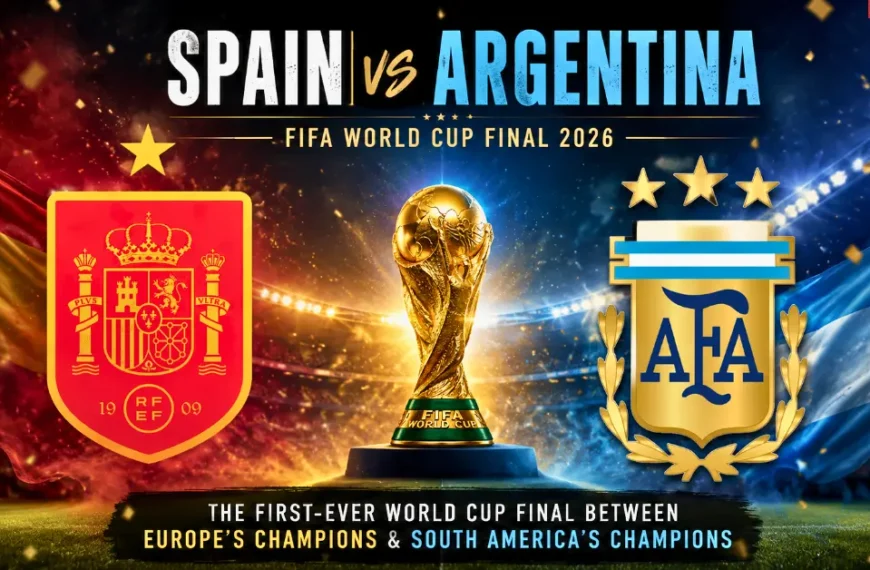 Spain vs Argentina FIFA World Cup Final 2026 feature image with the Spain and Argentina team logos and the FIFA World Cup trophy.