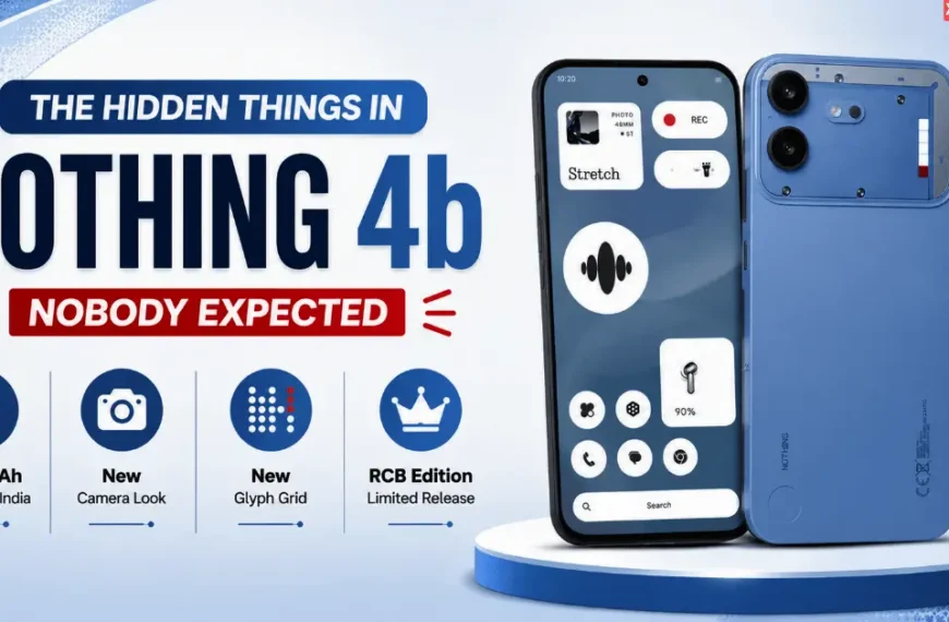 Nothing 4b feature image showing the new camera design, 6000mAh India battery, Glyph Grid, and RCB Edition