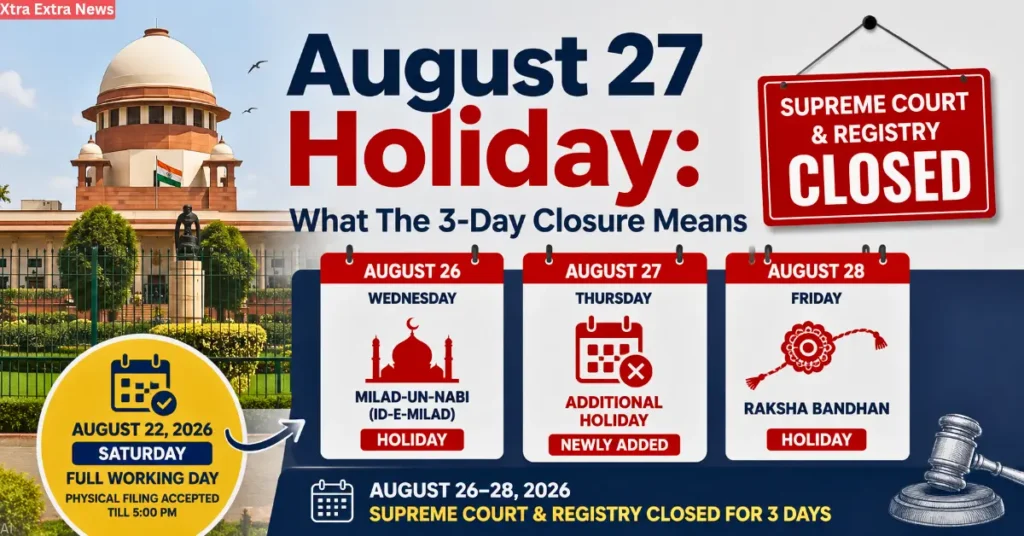 August 27 holiday at the Supreme Court of India and a three-day closure from August 26 to August 28, 2026