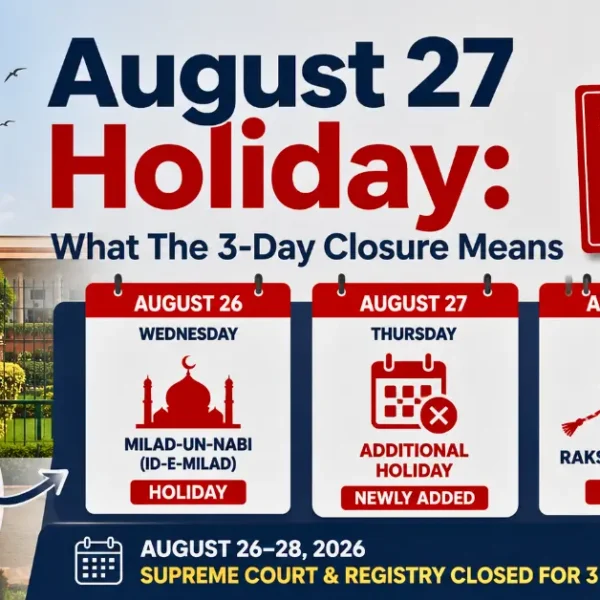 August 27 holiday at the Supreme Court of India and a three-day closure from August 26 to August 28, 2026