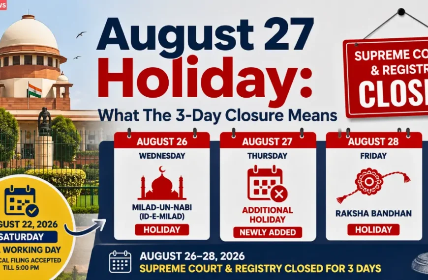 August 27 holiday at the Supreme Court of India and a three-day closure from August 26 to August 28, 2026