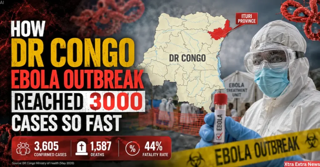 DR Congo Ebola Outbreak 2026 showing a healthcare worker and a map of Ituri Province