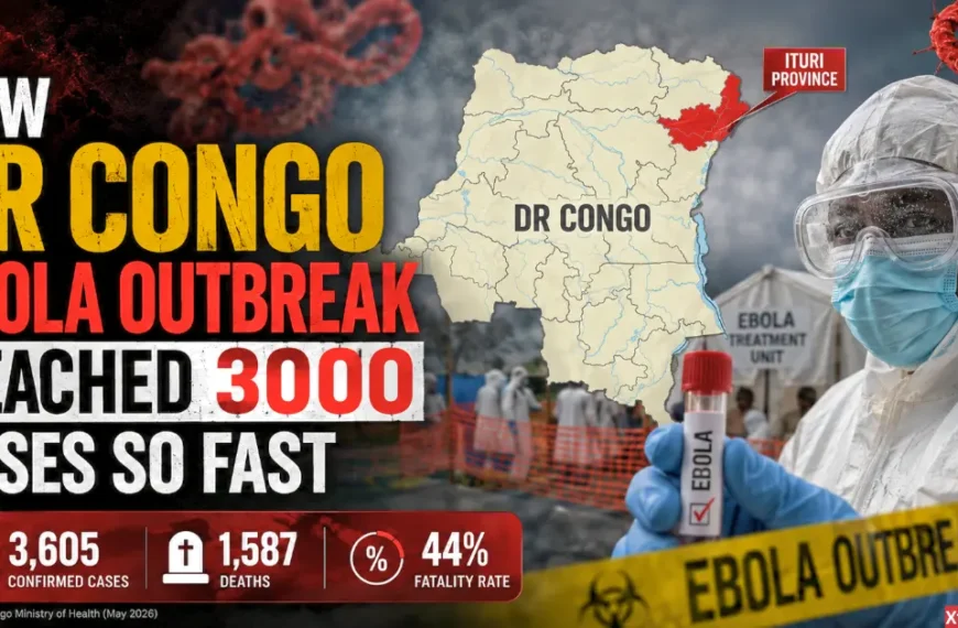 DR Congo Ebola Outbreak 2026 showing a healthcare worker and a map of Ituri Province