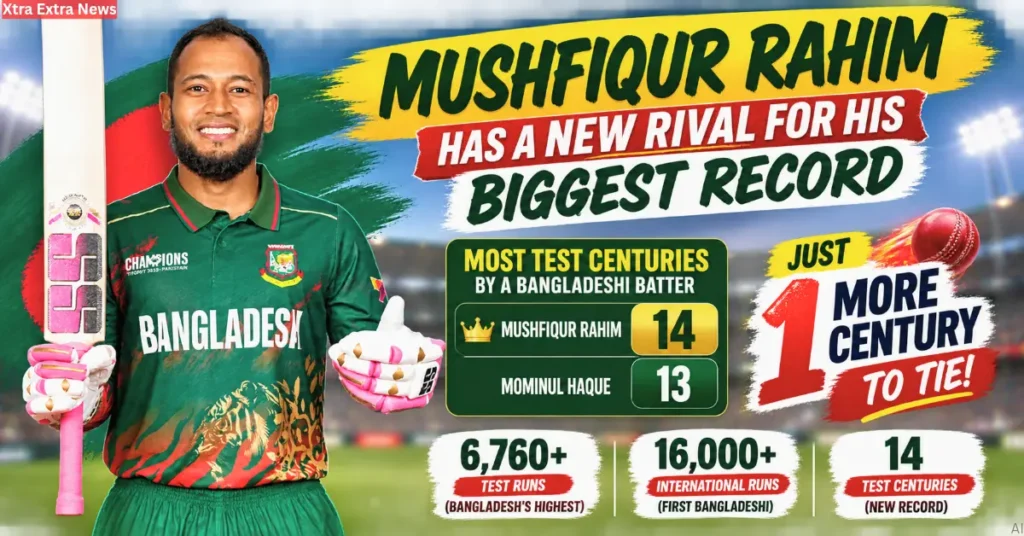 Mushfiqur Rahim holding a cricket bat in a Bangladesh jersey with 14 Test centuries and Mominul Haque with 13