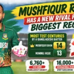 Mushfiqur Rahim holding a cricket bat in a Bangladesh jersey with 14 Test centuries and Mominul Haque with 13
