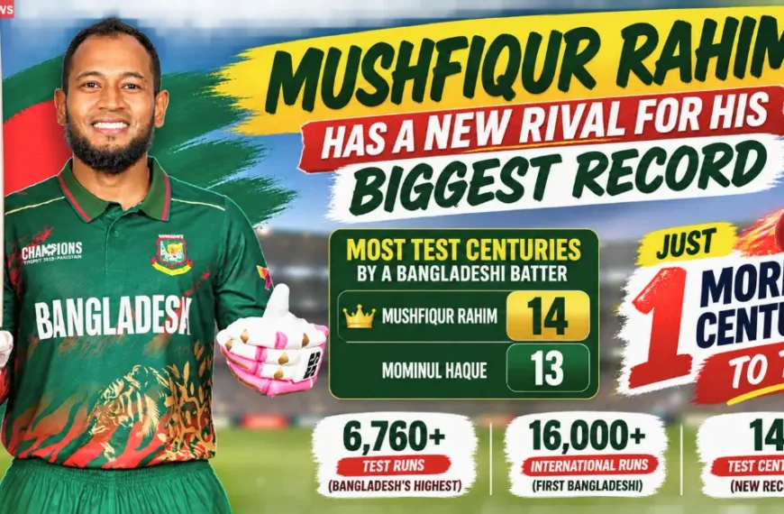 Mushfiqur Rahim holding a cricket bat in a Bangladesh jersey with 14 Test centuries and Mominul Haque with 13