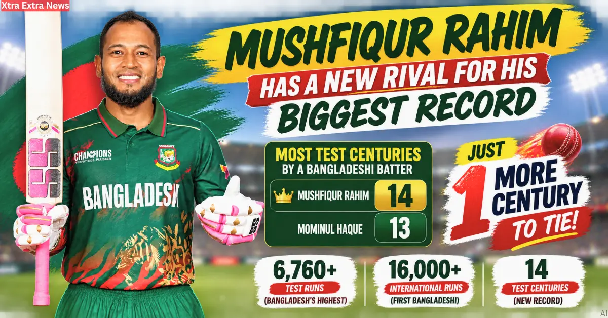 Mushfiqur Rahim holding a cricket bat in a Bangladesh jersey with 14 Test centuries and Mominul Haque with 13