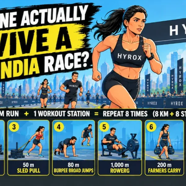 HYROX India race with a runner and eight workout stations
