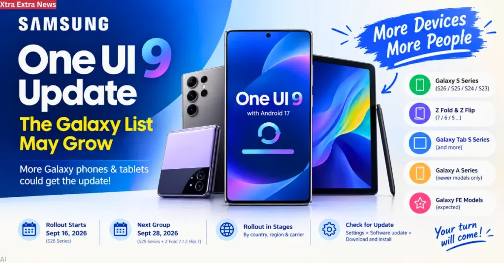 Samsung One UI 9 update feature image showing Galaxy phones and tablets