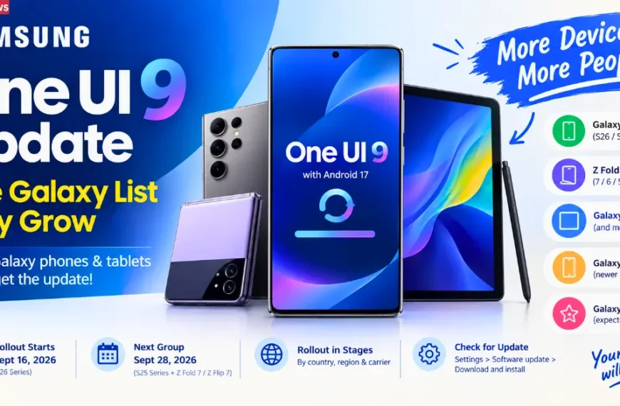 Samsung One UI 9 update feature image showing Galaxy phones and tablets