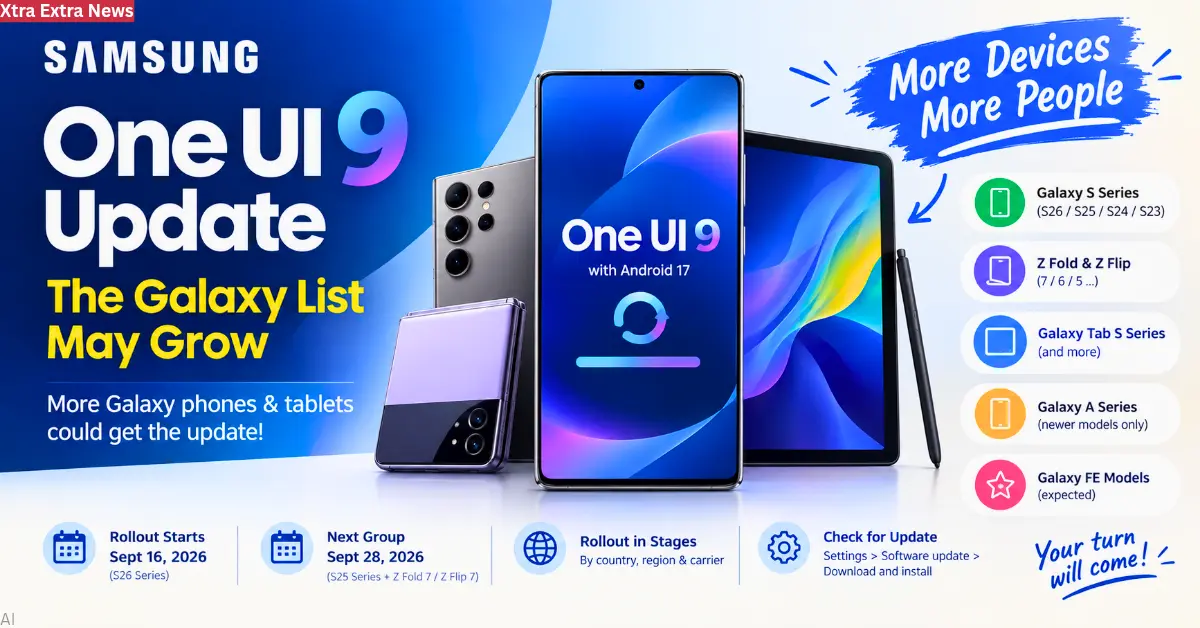 Samsung One UI 9 update feature image showing Galaxy phones and tablets