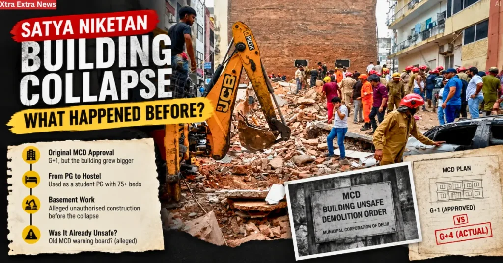 Satya Niketan building collapse site with rescue workers, rubble, and a JCB machine