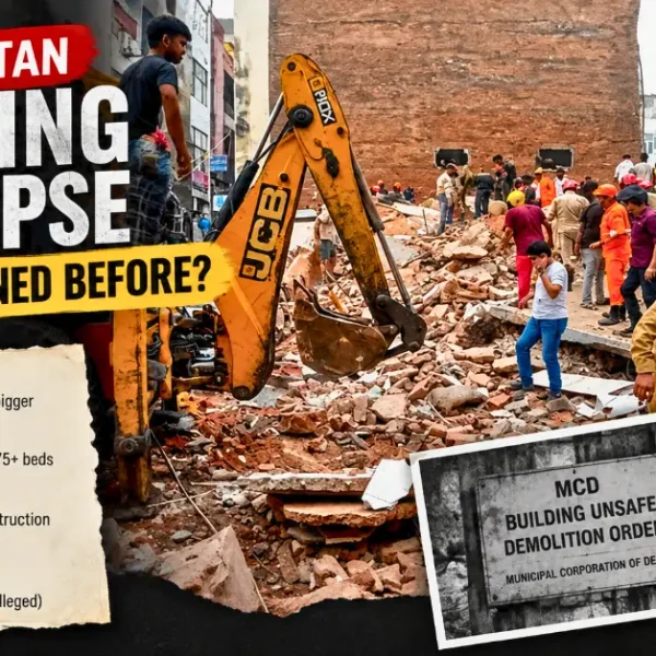 Satya Niketan building collapse site with rescue workers, rubble, and a JCB machine