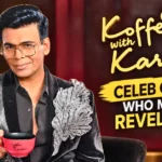 Karan Johar holding a Koffee With Karan cup with the show title and celeb couples headline
