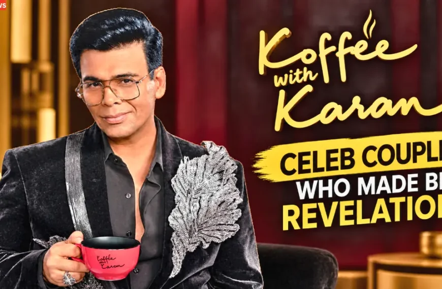 Karan Johar holding a Koffee With Karan cup with the show title and celeb couples headline