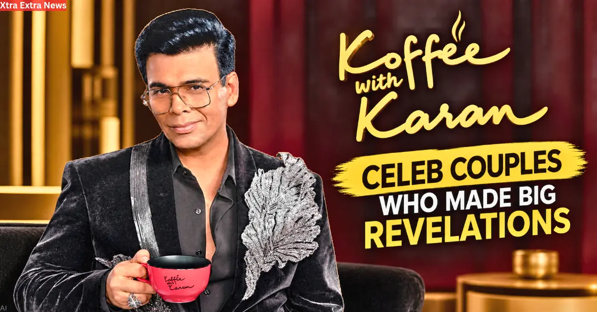 Karan Johar holding a Koffee With Karan cup with the show title and celeb couples headline