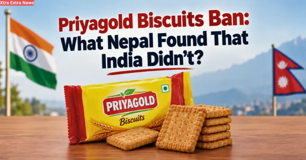 Priyagold biscuits packet with biscuits in front, with India and Nepal flags in the background.