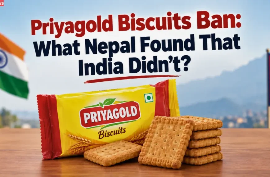 Priyagold biscuits packet with biscuits in front, with India and Nepal flags in the background.
