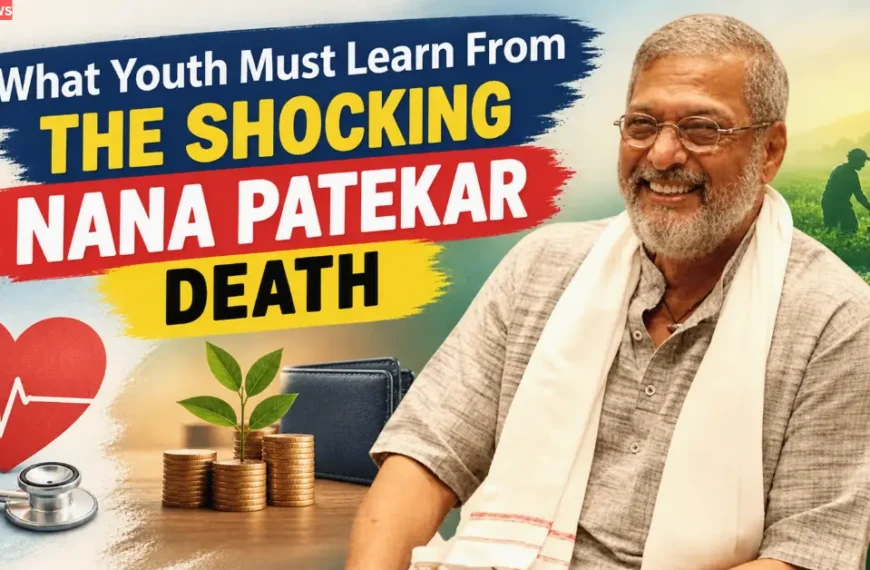 Feature image about the Nana Patekar death news and lessons for young people about health, money, and helping farmers.